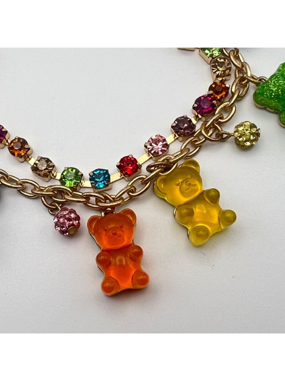 Betsey Johnson Rainbow Gummy Bear Charm Bracelet Rhinestones 8" Gold-Tone NWOT - Picture 3 of 14